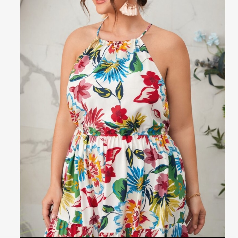 Plus Size White Floral Print Tie Back Dress New - Picture 5 of 7